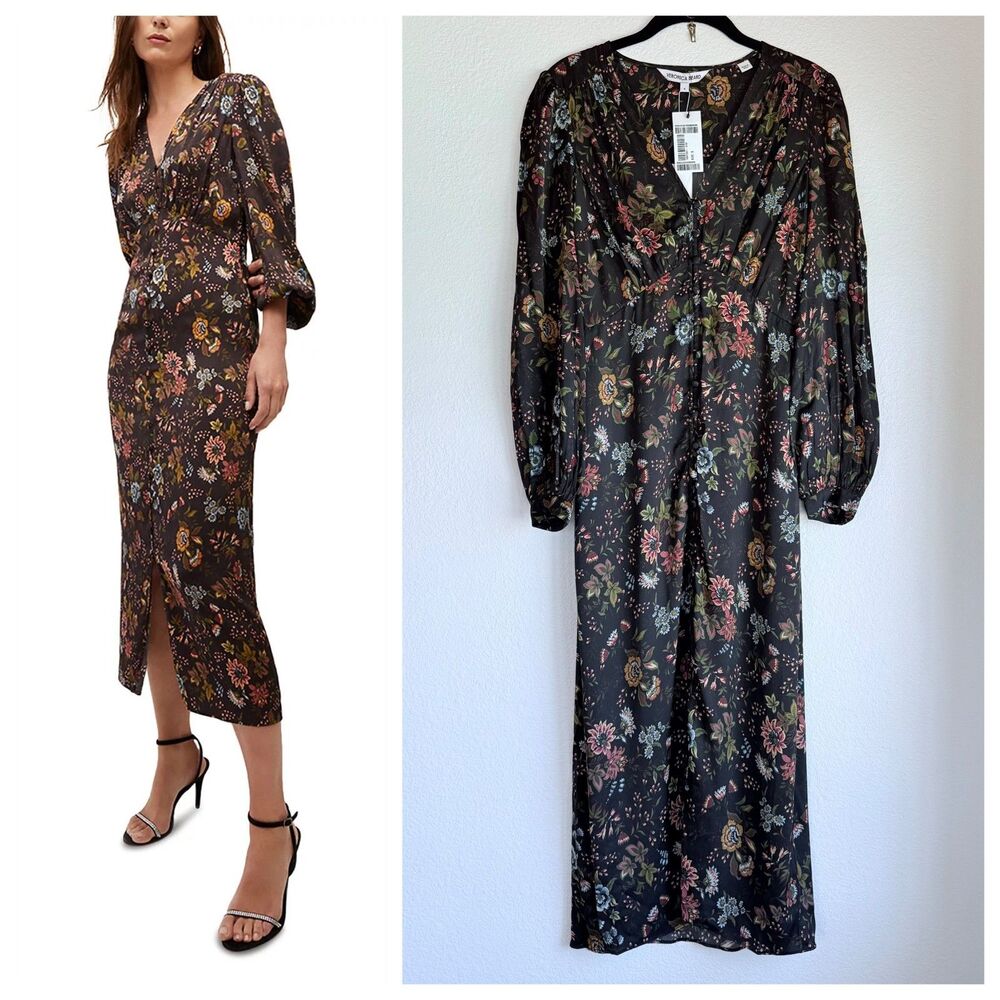 NWT Veronica Beard Terina Gathered Floral-Print Silk-Blend Midi Dress in Black 0